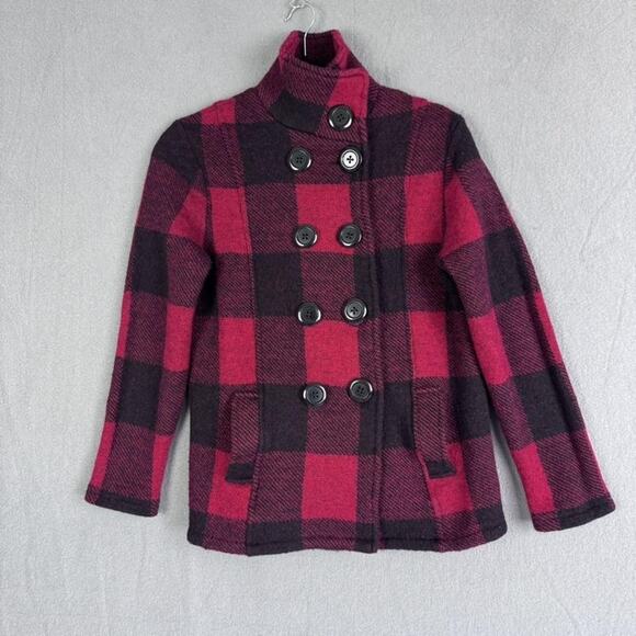Keren Hart Coat Womens Large Red Black Buffalo Plaid Wool Peacoat Stand Collar - Picture 3 of 13